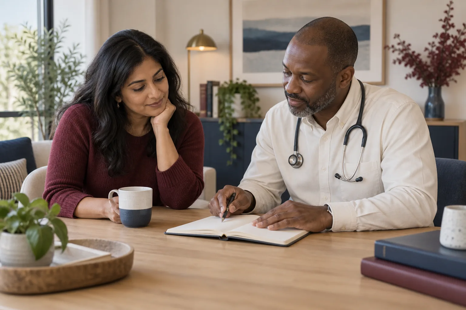 A patient and doctor looking through a journal together
