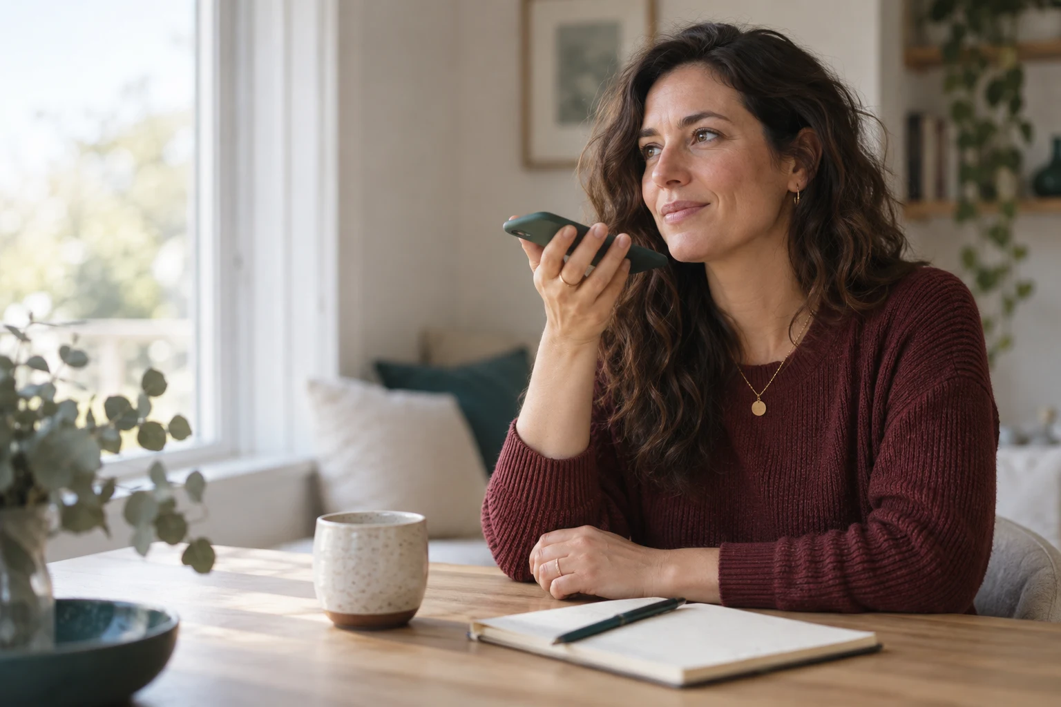 A woman recording a voice note in a quiet moment at home
